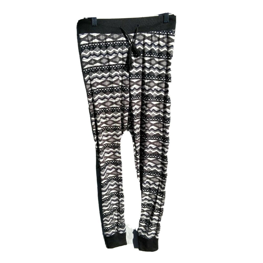 SR Joggers Juniors Sz Medium Black White Gray Geometric Print Elastic Drawstring